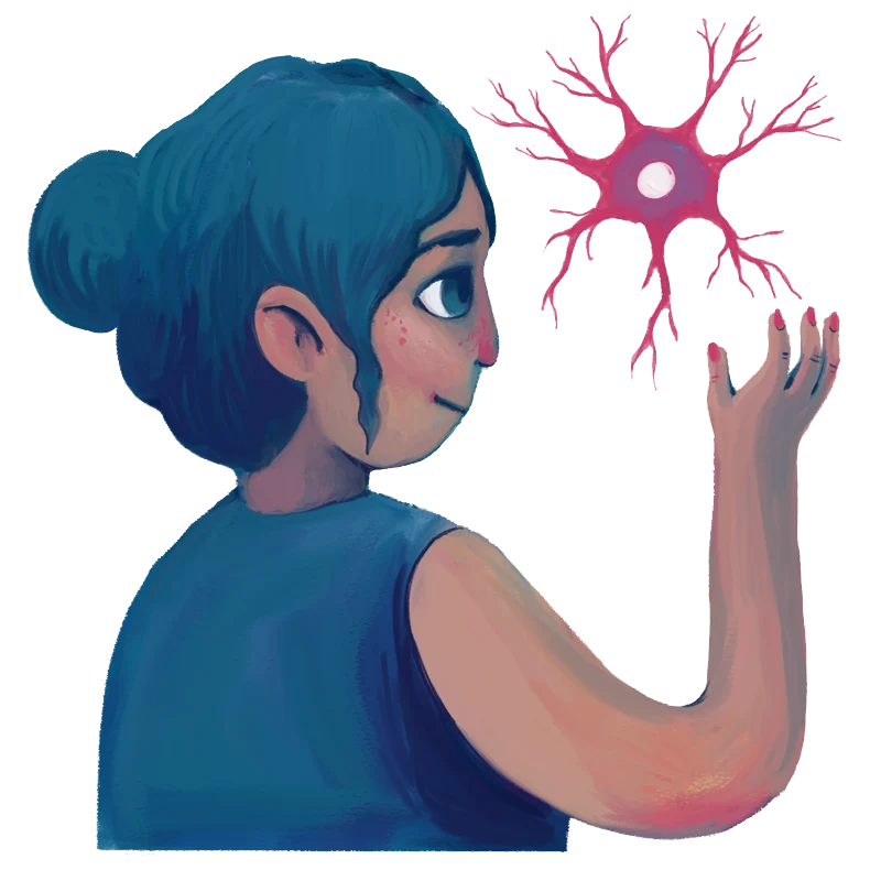 Illustrazione grafica che rappresenta una ragazza che si affida alla Neurologia. La ragazza tiene in mano un neurone